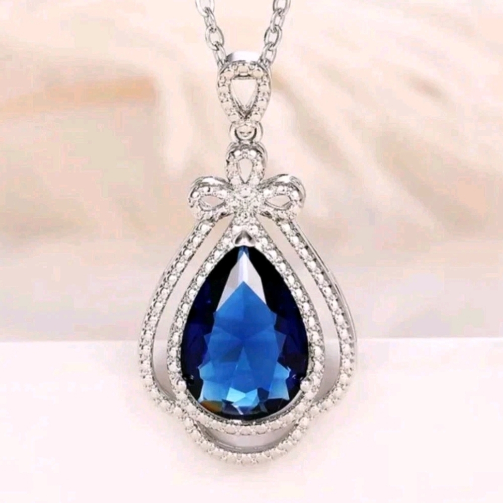 Luxury 5Ct Pear Cut Simulated Sapphire Moissanite Teardrop Pendant Necklace 17"